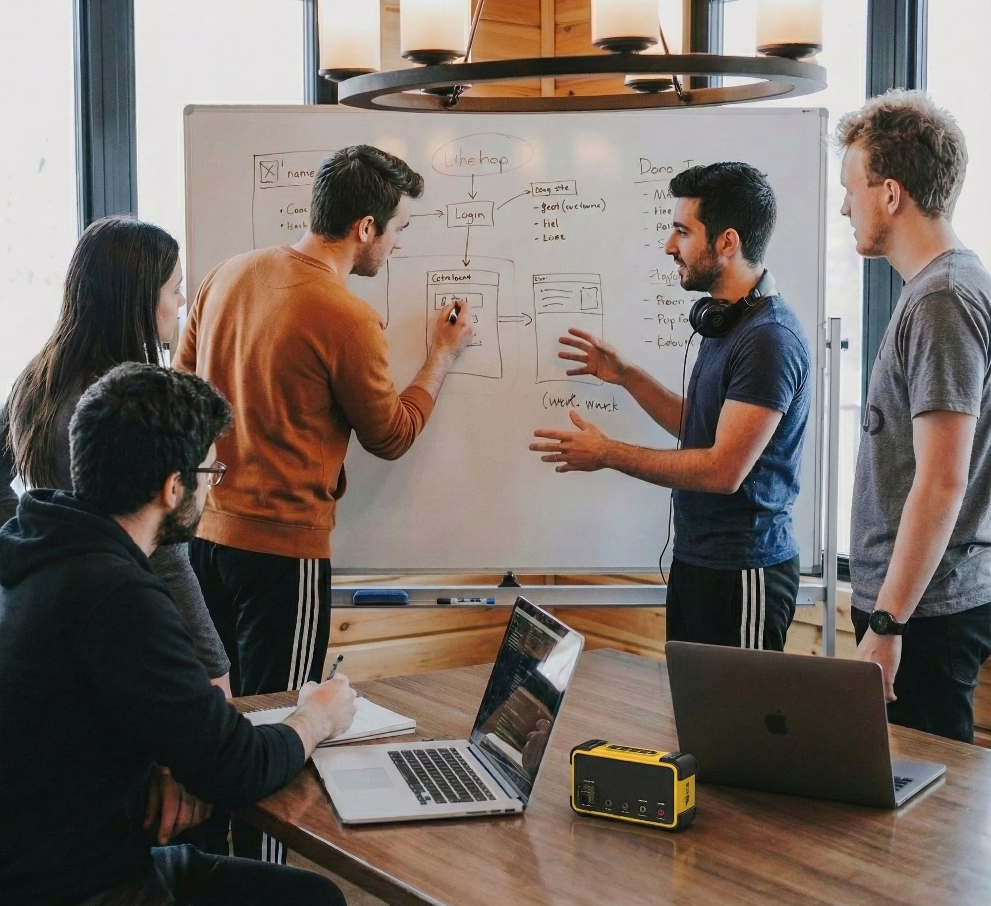 Team collaborating at a whiteboard